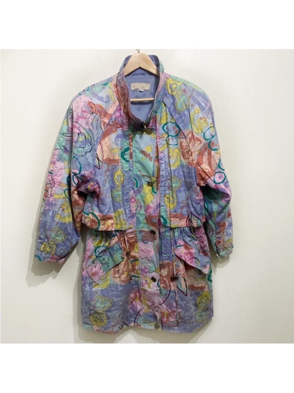 Vintage 90s Jacket Zip Up Size Medium Oversized Abstract Scribble Pastel Print - Picture 2 of 15